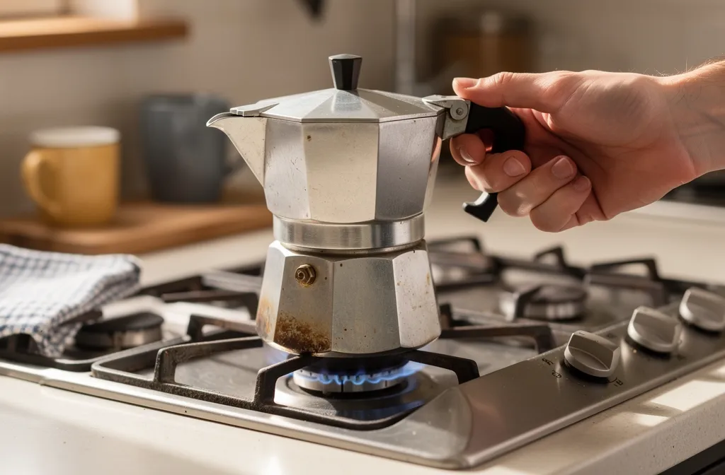Moka générique chauffée sur une petite flamme maîtrisée