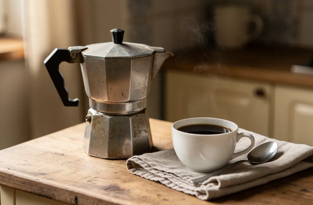 Café servi à côté d’une cafetière moka générique