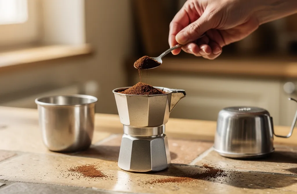 Remplissage sans tassage du filtre d’une cafetière moka générique