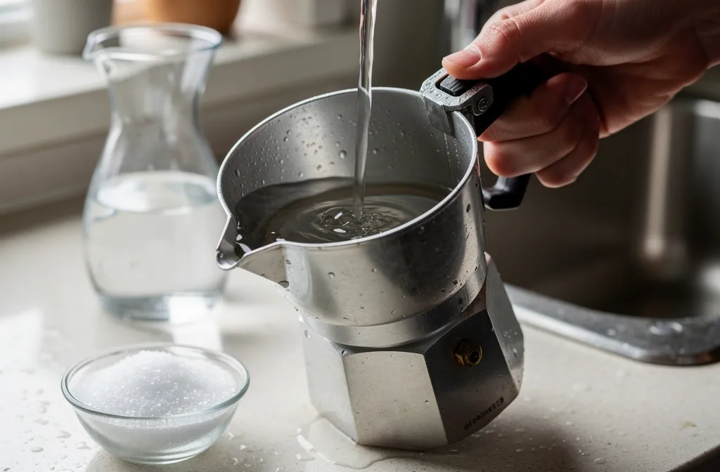 Dépôts minéraux légers visibles dans une chambre d’eau de moka générique