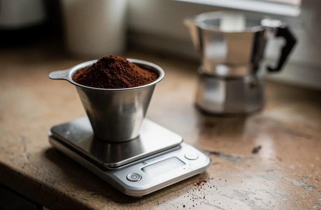 Panier de cafetière moka rempli de café et posé sur une balance pour mémoriser sa dose