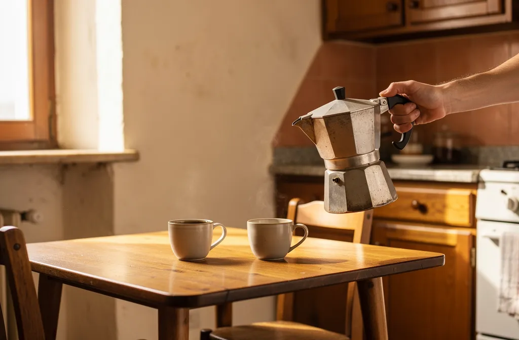Cafetière moka générique apportée vers une table de petit-déjeuner