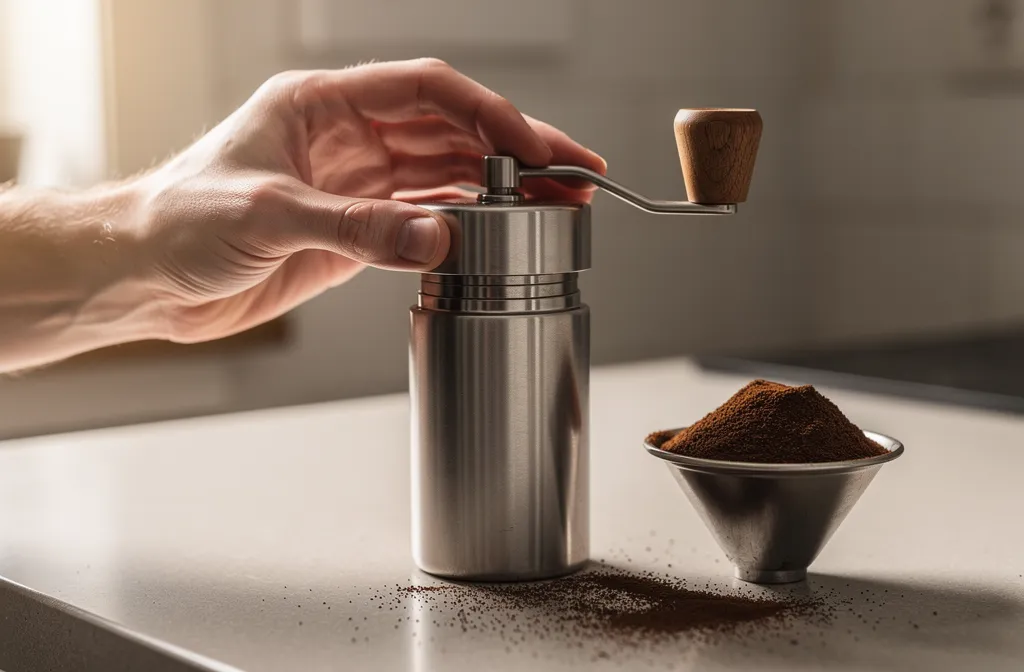Réglage progressif d’un moulin à café à côté du panier d’une moka générique