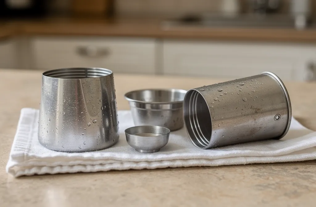 Pièces d’une cafetière moka générique démontées et laissées sécher après rinçage