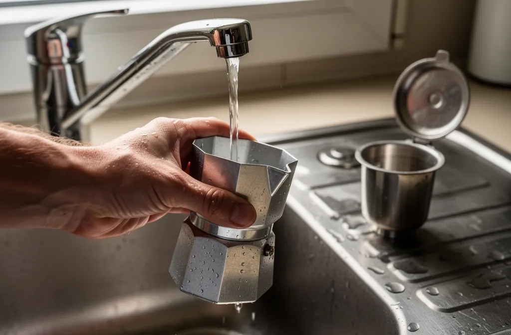 Rinçage à l’eau des pièces d’une cafetière moka générique avant utilisation