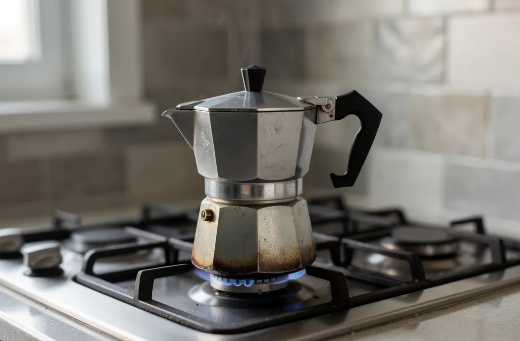 Cafetière moka générique chauffée doucement sur une petite flamme