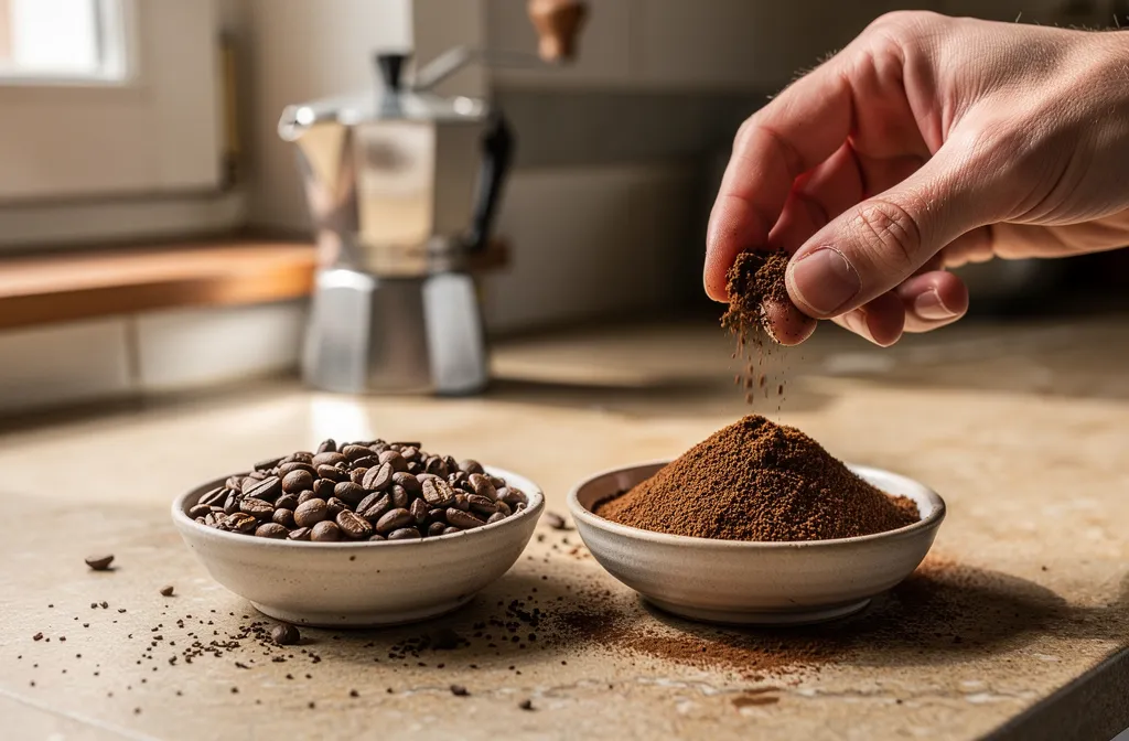 Café en grains et café moulu disposés près d’une moka générique